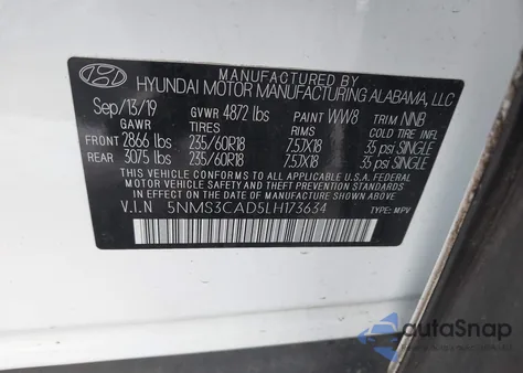 2020 Hyundai Santa Fe Sel z USA, uszkodzony, nr VIN 5NMS3CAD5LH173634